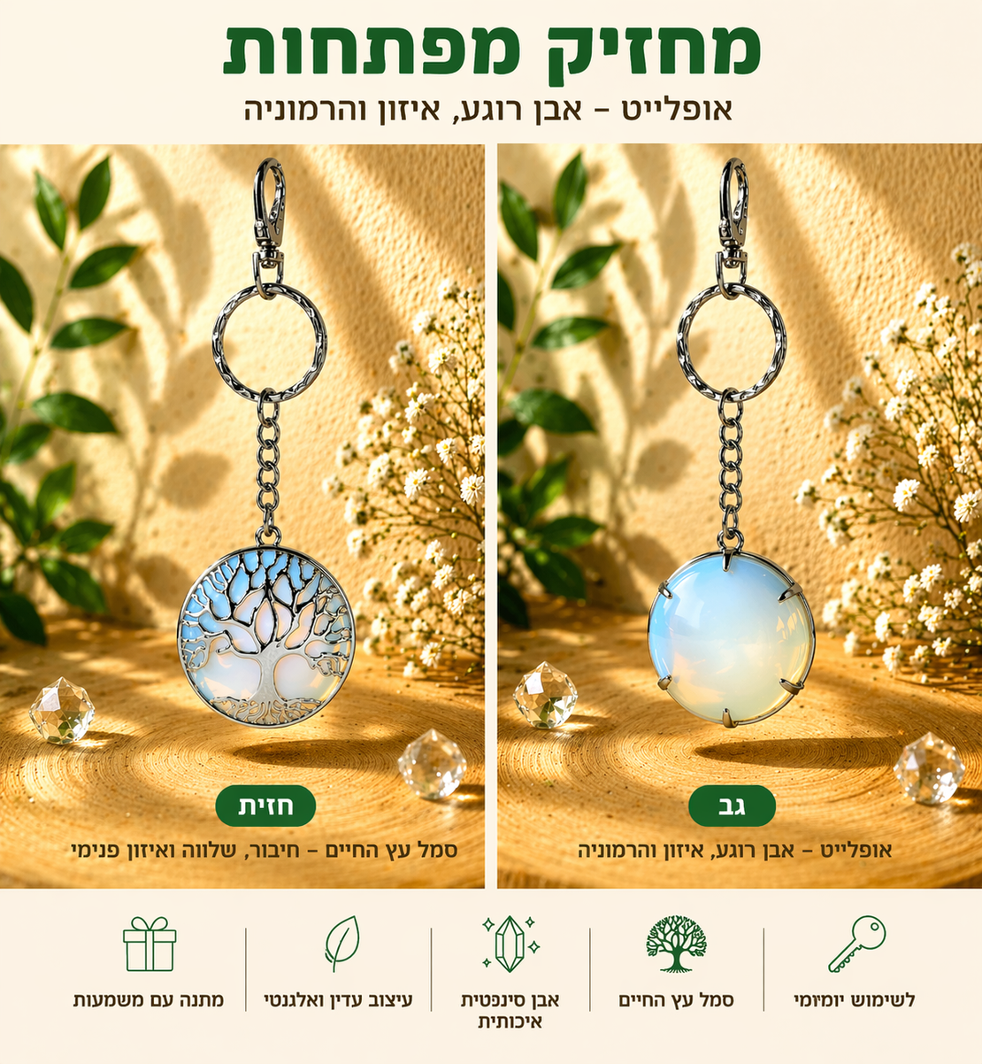 מחזיק מפתחות עץ החיים עם אבן קריסטל