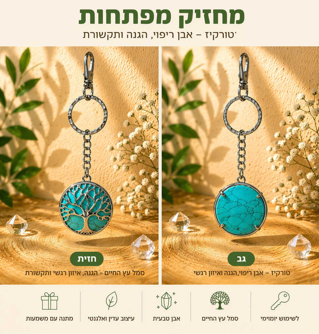 מחזיק מפתחות עץ החיים עם אבן קריסטל
