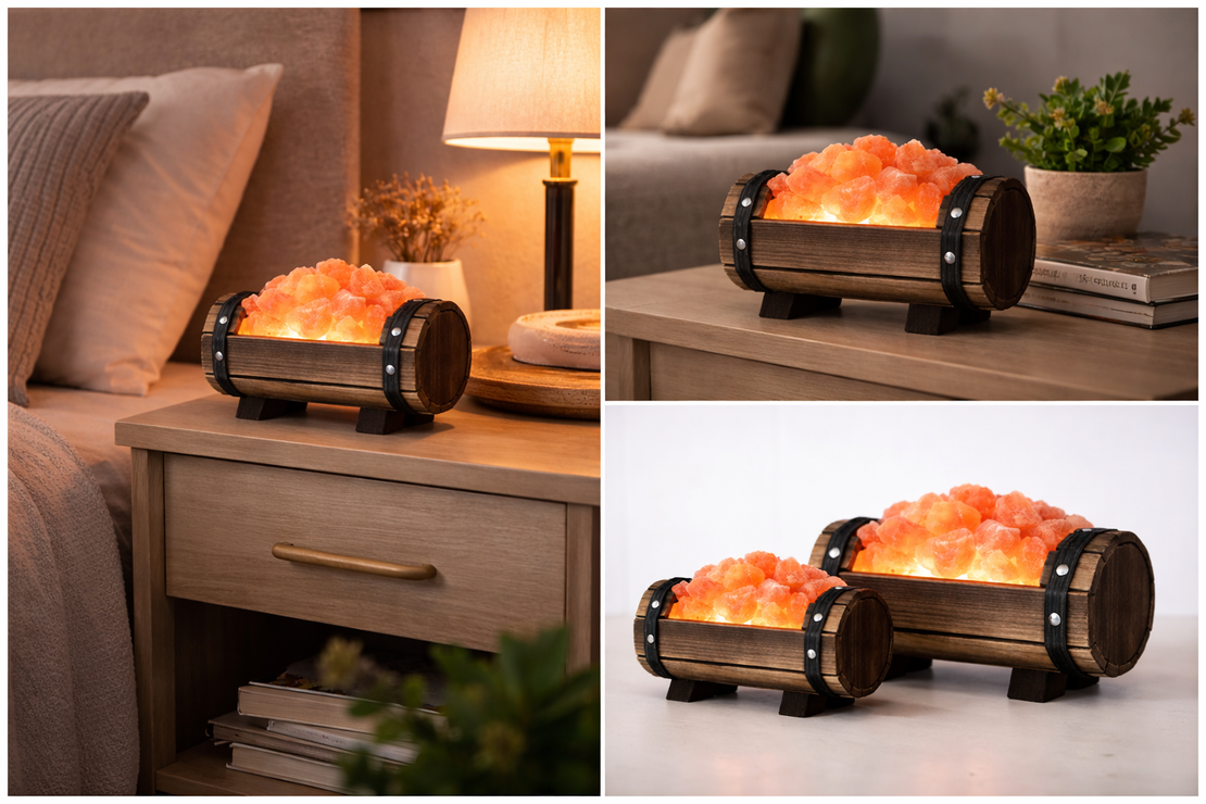 מנורת מלח בכלי עץ חבית