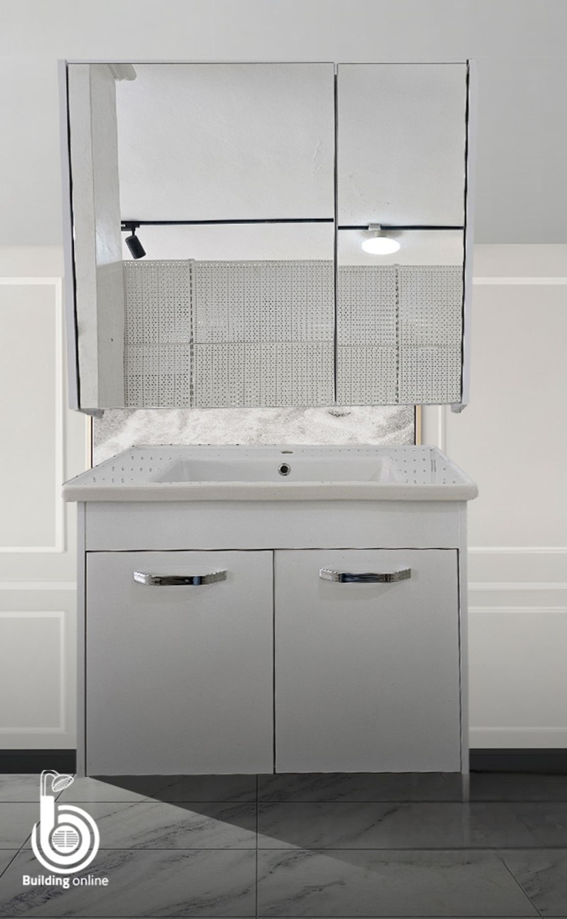 ארון אמבטיה תלוי לבן מודל ZIGANA 80 WHITE כולל כיור חרס אינטיגרלי ומראה משולבת ארון