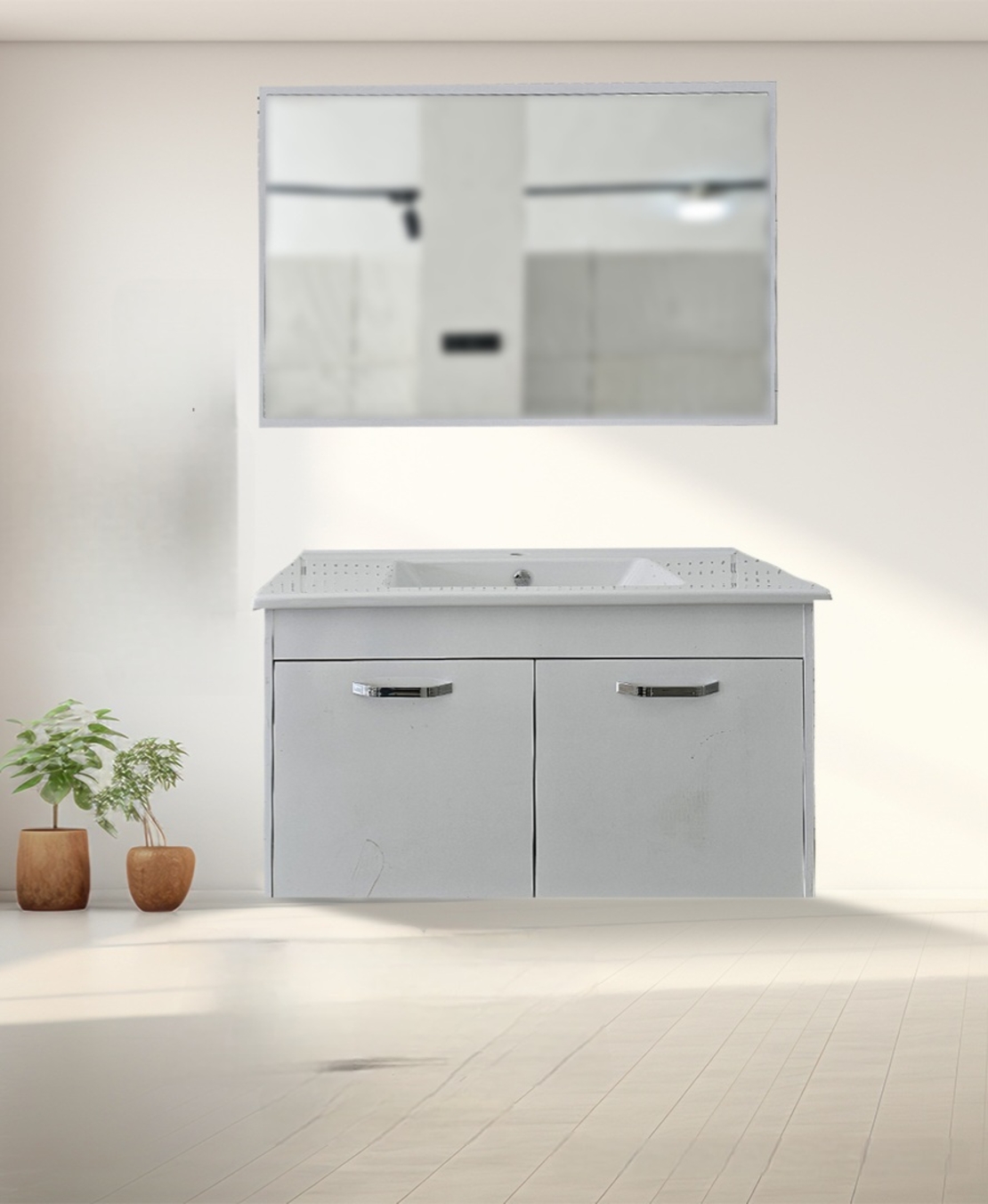ארון אמבטיה תלוי לבן מודל ZIGANA 100 WHITE כולל כיור חרס אינטיגרלי ומראה מרחפת