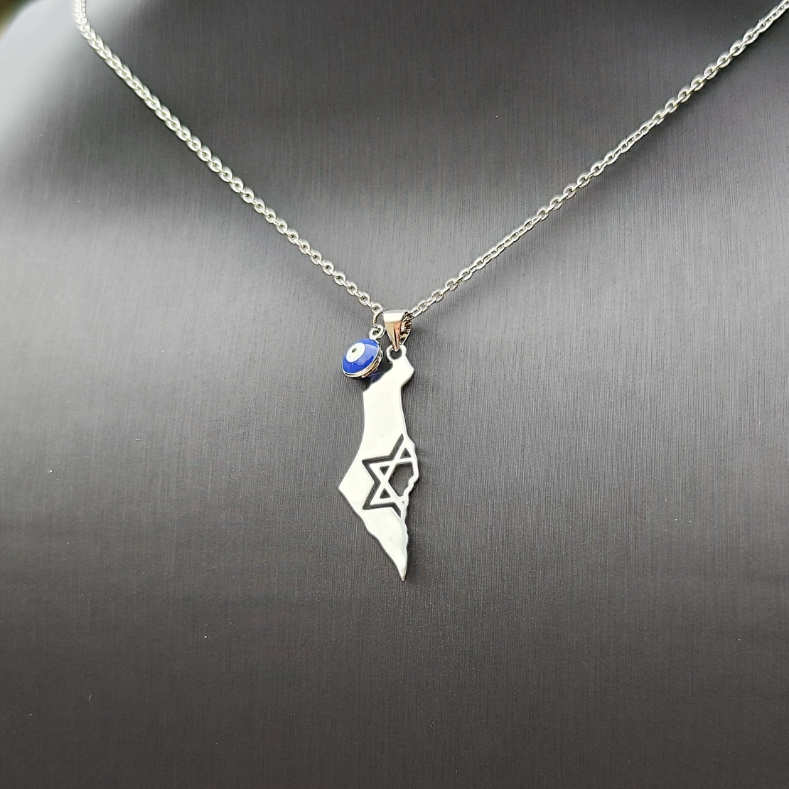 שרשרת מפת ארץ ישראל בשילוב עין כחולה - כסף 925