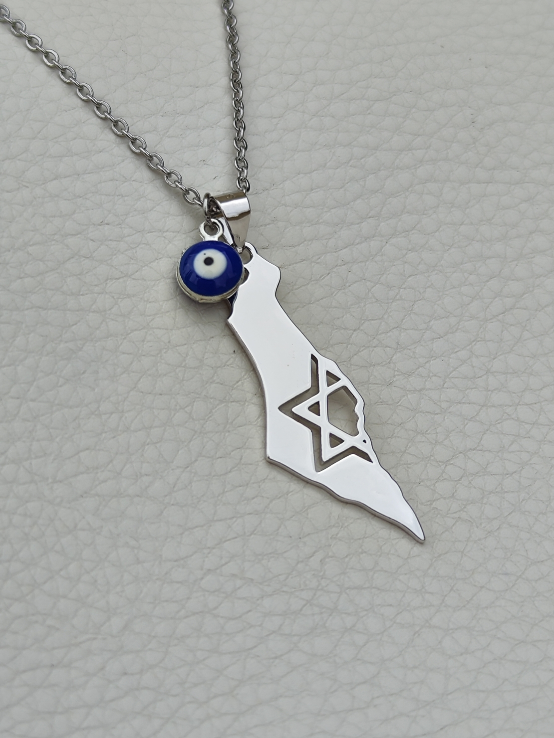 שרשרת מפת ארץ ישראל בשילוב עין כחולה - כסף 925
