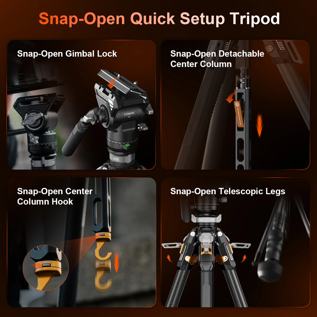 חצובת סיבי פחמן COMAN T1SV5 נפתחת בלחיצה 68.9 אינץ' לצילום וידאו וצילום עם ראש