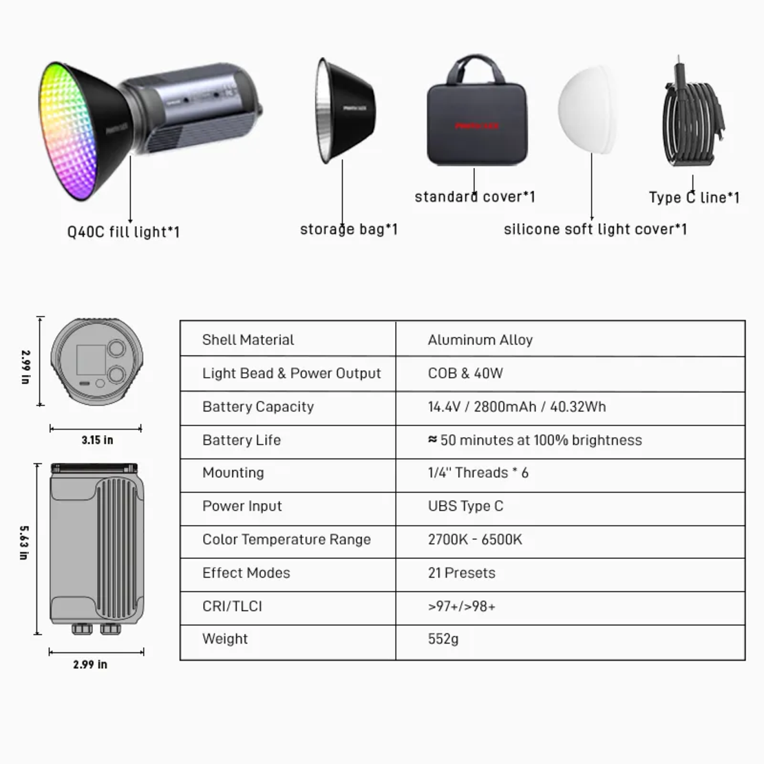 תאורת וידאו RGB Q40C 40W PHOTOOLEX LED