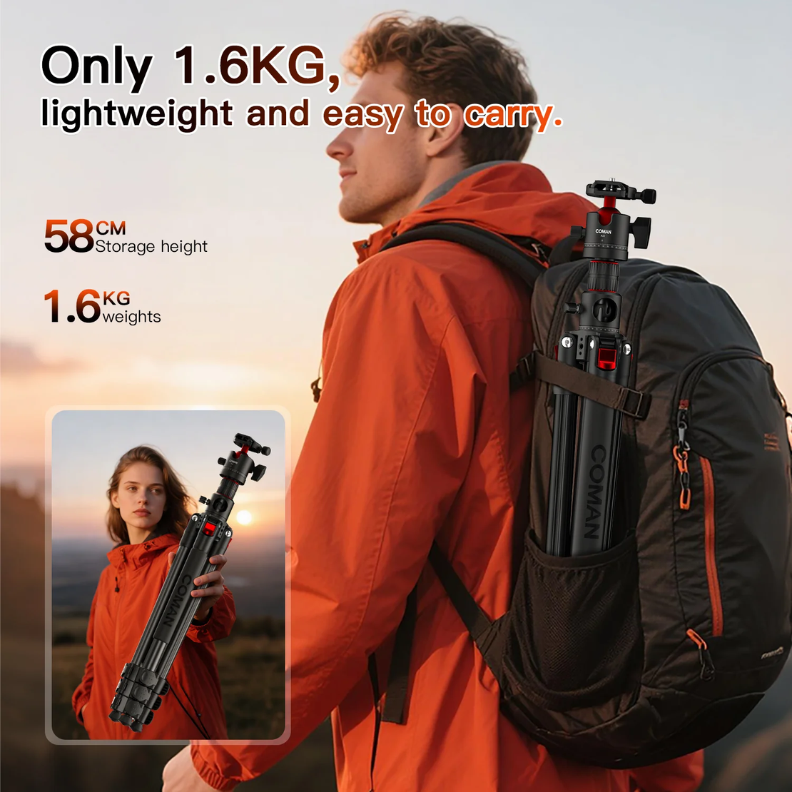 חצובה אופקית רב תכליתית ויחידת חצובה COMAN KX3939Mini A32&V1 עם ראש נוזל וראש כדורי 360°, 1810 מ