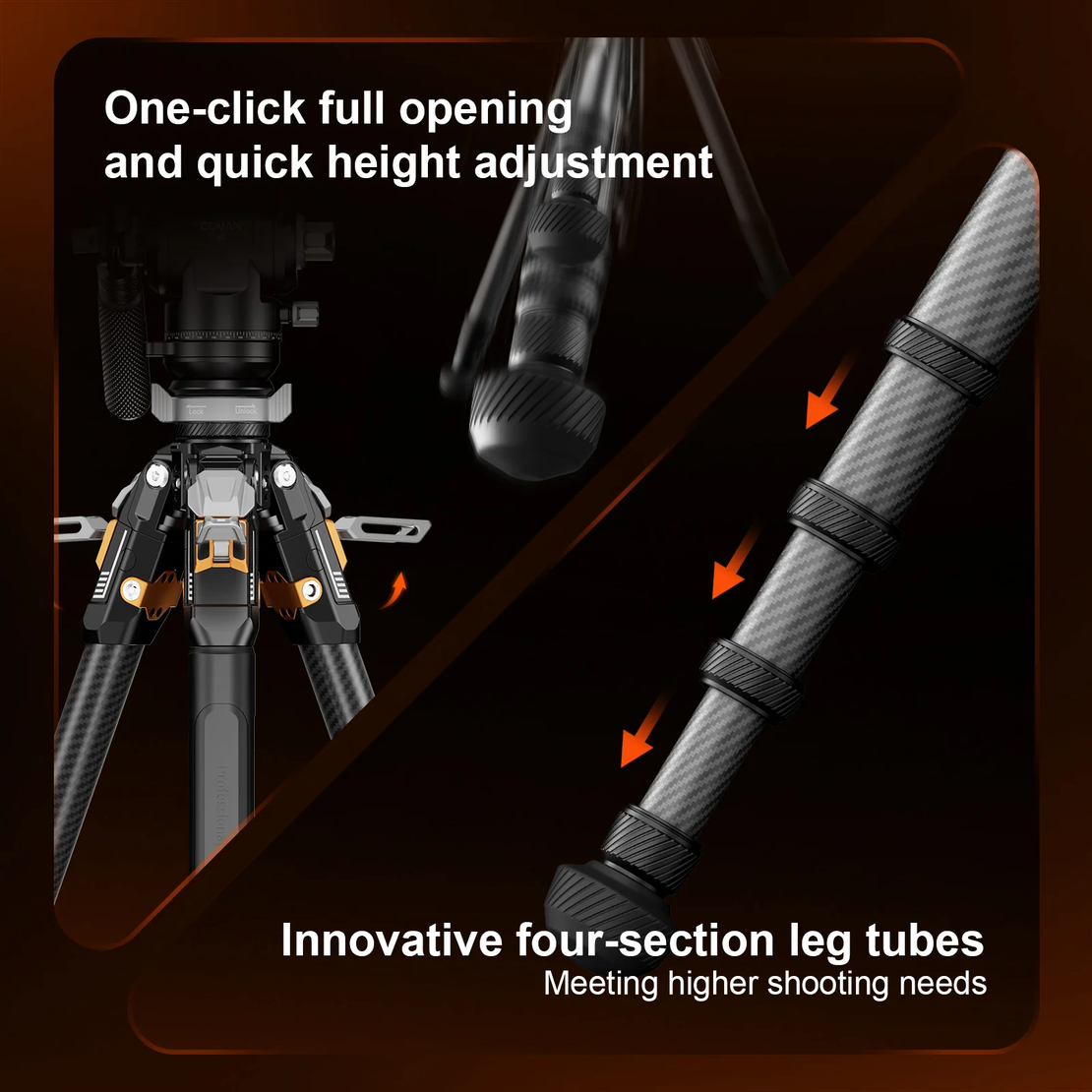 חצובת סיבי פחמן COMAN T1SV5 נפתחת בלחיצה 68.9 אינץ' לצילום וידאו וצילום עם ראש