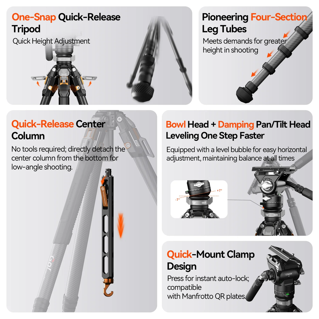 חצובת סיבי פחמן COMAN T1SV5 נפתחת בלחיצה 68.9 אינץ' לצילום וידאו וצילום עם ראש