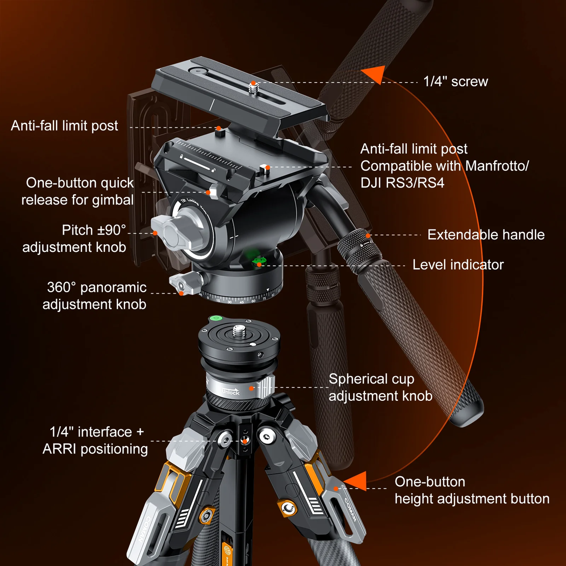 חצובת סיבי פחמן COMAN T1SV5 נפתחת בלחיצה 68.9 אינץ' לצילום וידאו וצילום עם ראש