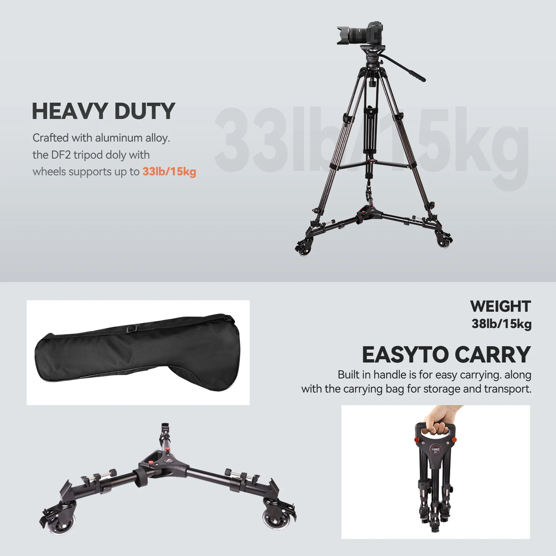 דולי עגלת חצובה COMAN DF2 עם 3 גלגלים לחצובה מתכווננת לצילום וידאו עמיד