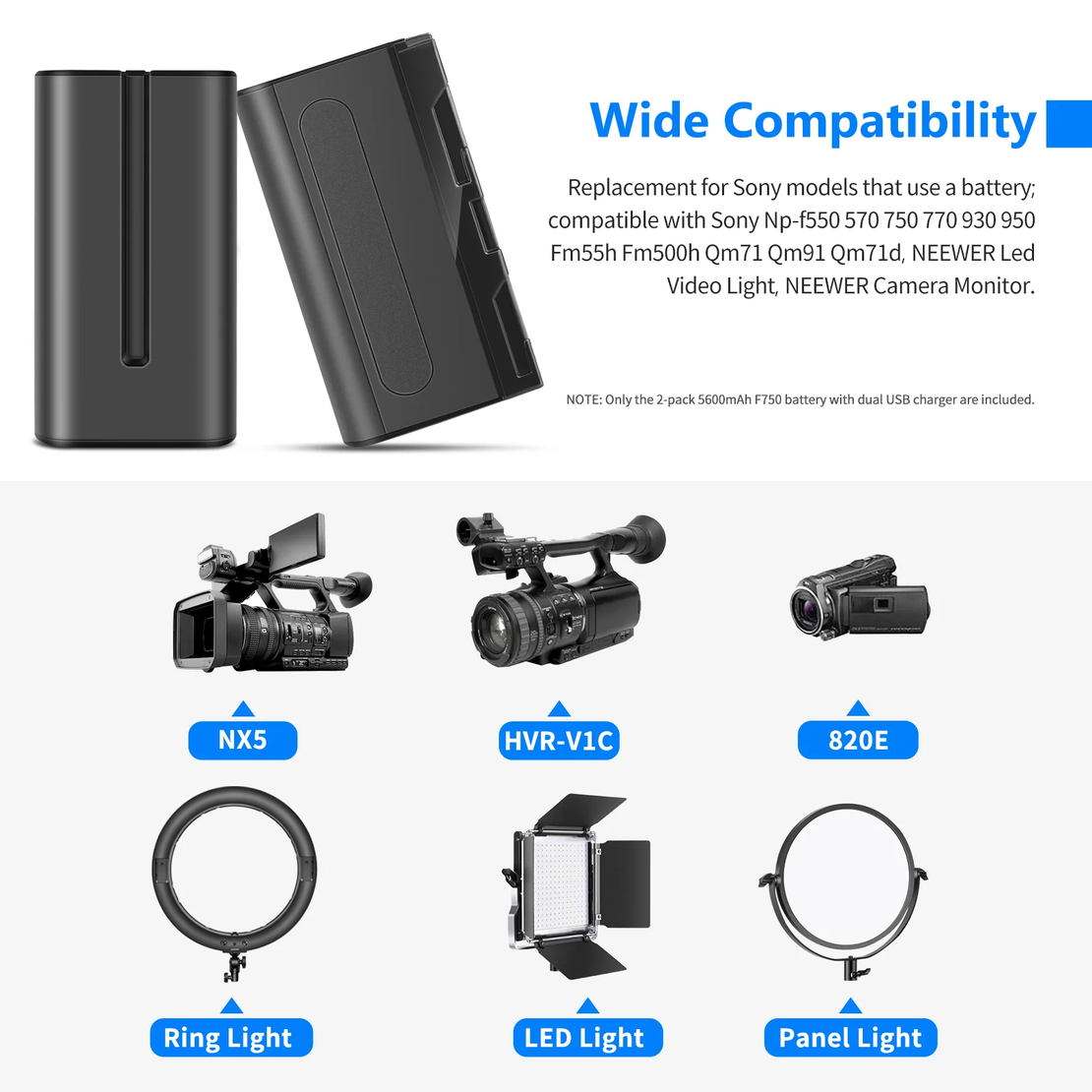 סט סוללות חלופיות של סוני NEEWER NP-F750 בנפח 5600mAh