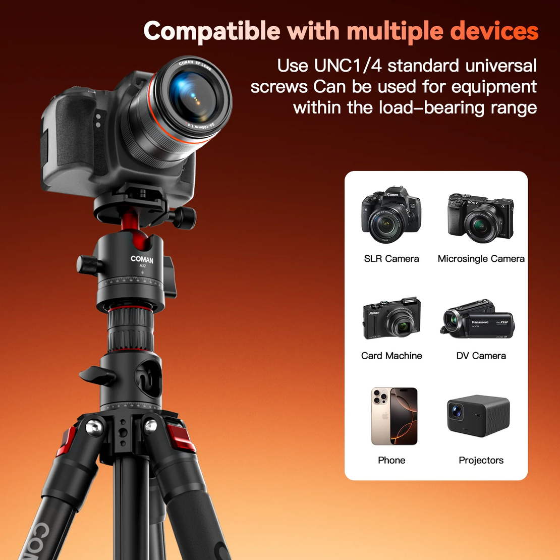 חצובה אופקית רב תכליתית ויחידת חצובה COMAN KX3939Mini A32&V1 עם ראש נוזל וראש כדורי 360°, 1810 מ