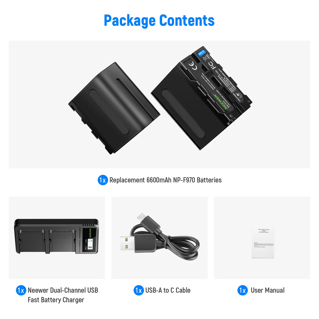 סט מטען חלופי של 2 סוללות NEEWER מדגם Sony NP-F970