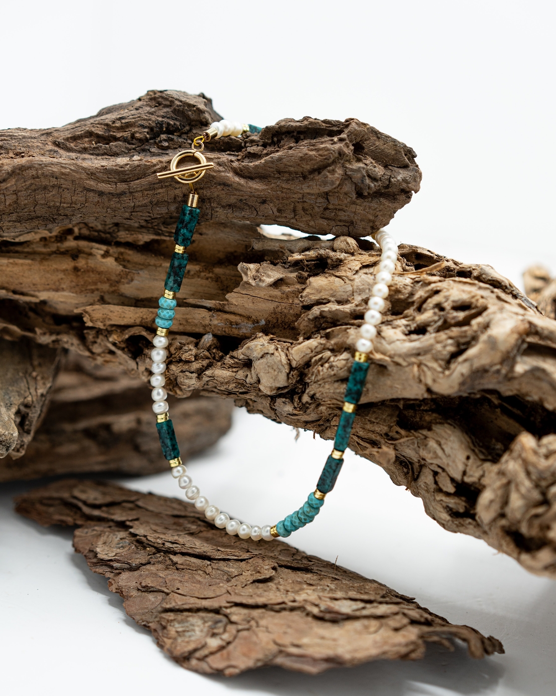 שרשרת דנית- מפנינים, המטייט זהב, טורקיז אפריקאי, גרניט ירוק