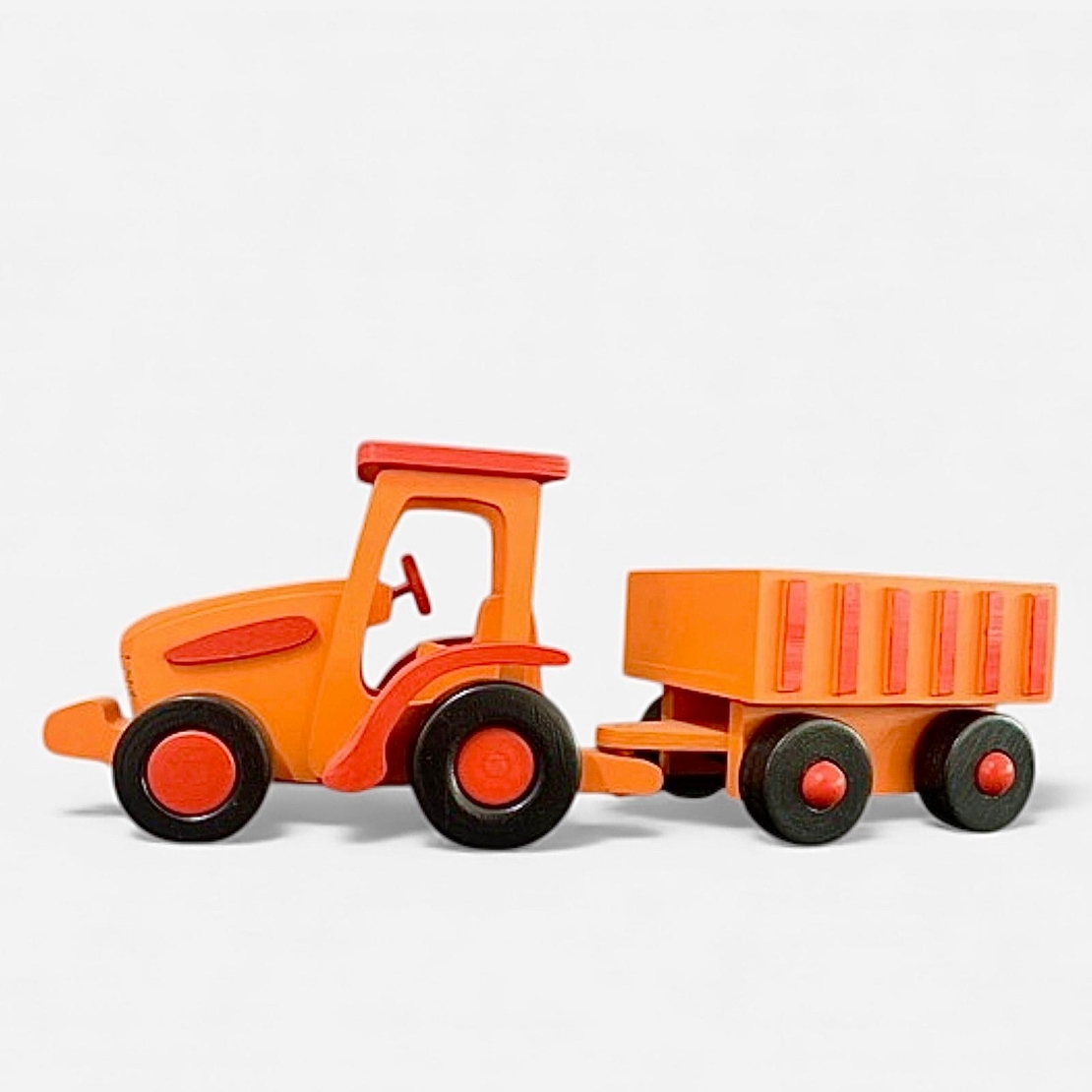 טרקטור עם עגלה מעץ בעבודת יד כתום ואדום