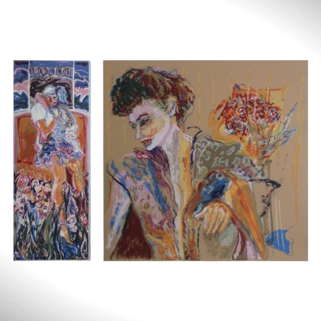 נערה עם פרחים-הדפס משי בעבודת יד