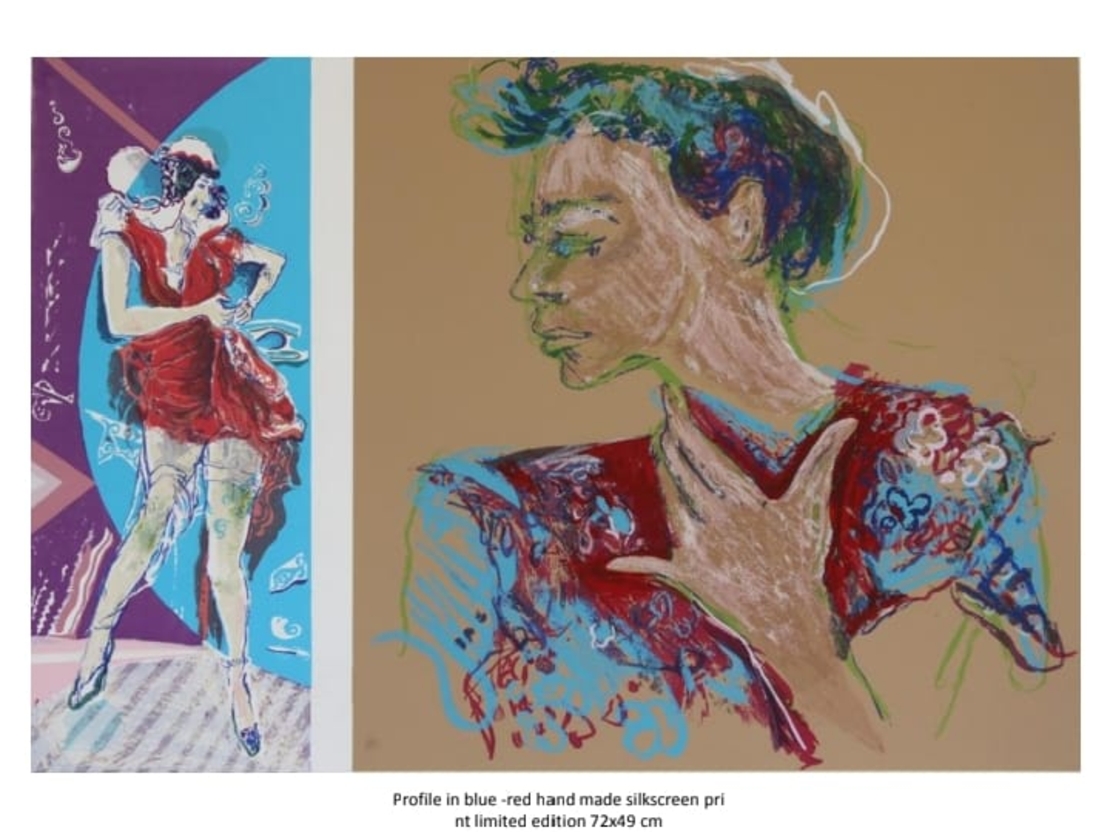 פרופיל בכחול ואדום-הדפס משי בעבודת יד