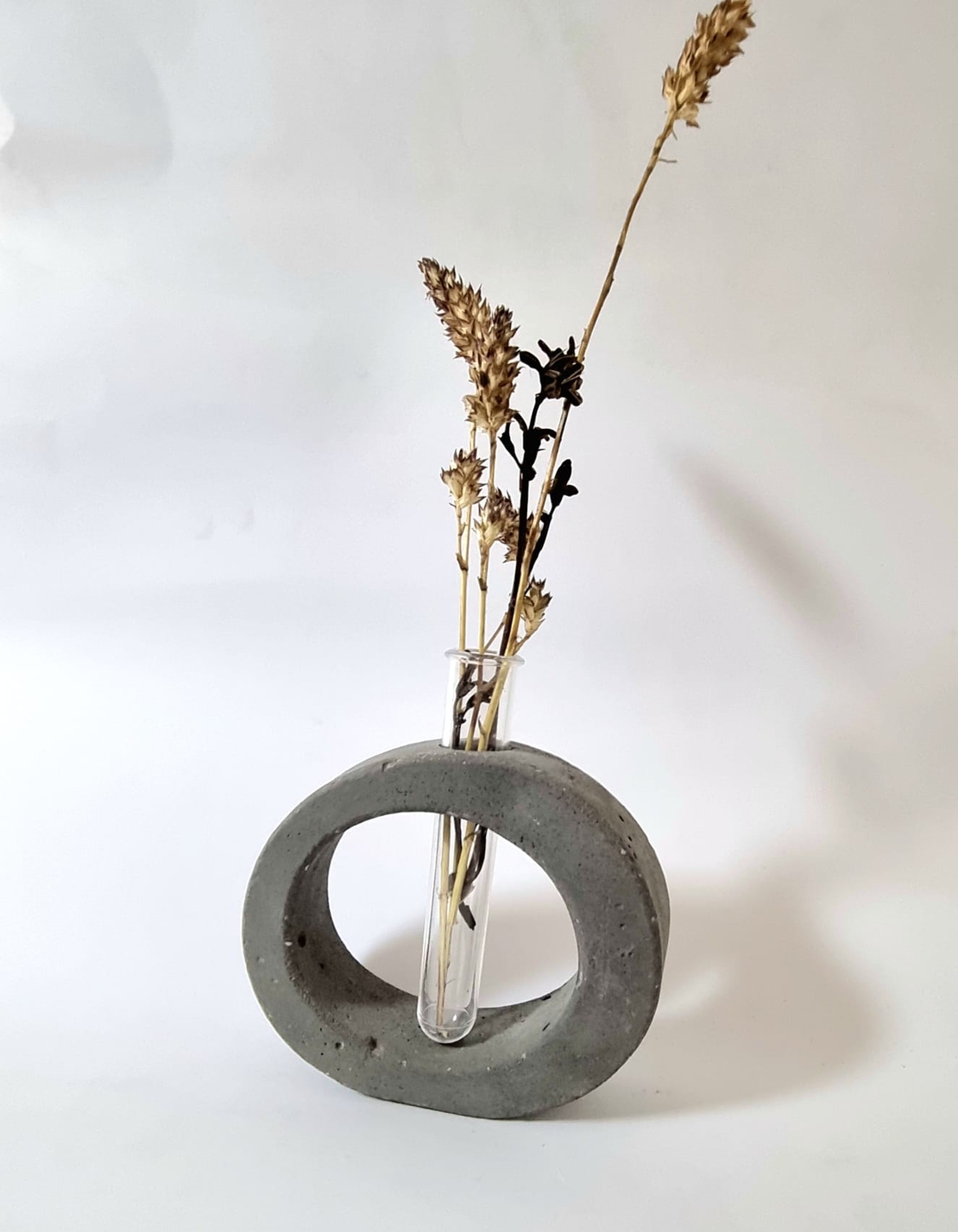 אגרטל בטון עם מבחנה וצמחים מיובשים