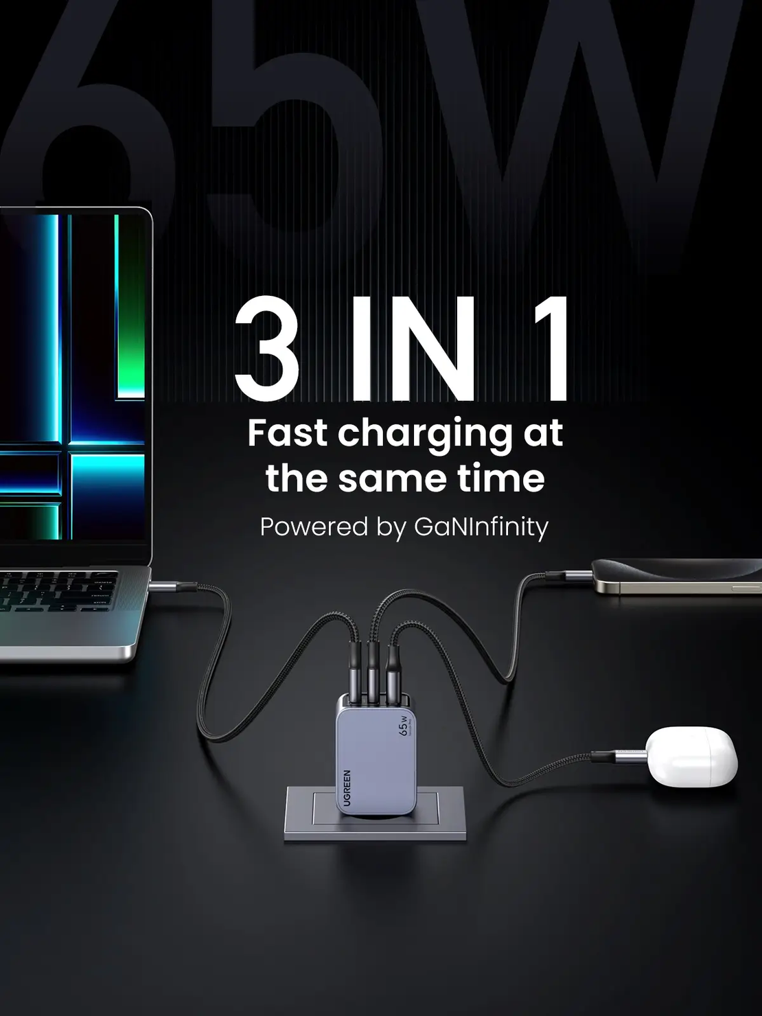 מטען קיר מהיר UGREEN Nexode Pro 65W GaN עם כבל USB-C