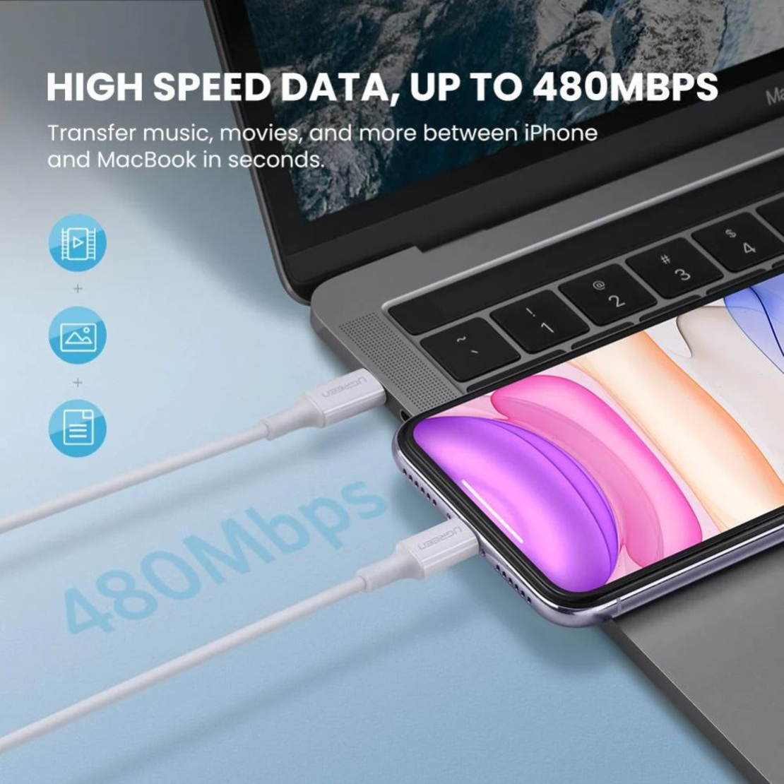 כבל טעינה UGREEN USB-C to Lightning MFi באורך 1 מטר