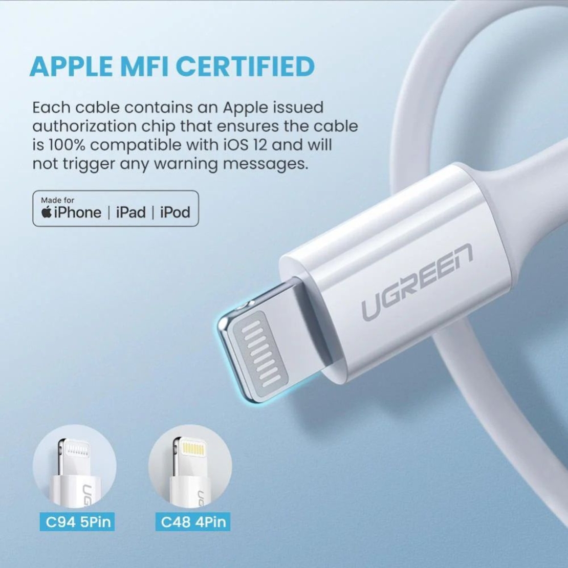 כבל טעינה UGREEN USB-C to Lightning MFi באורך 1 מטר