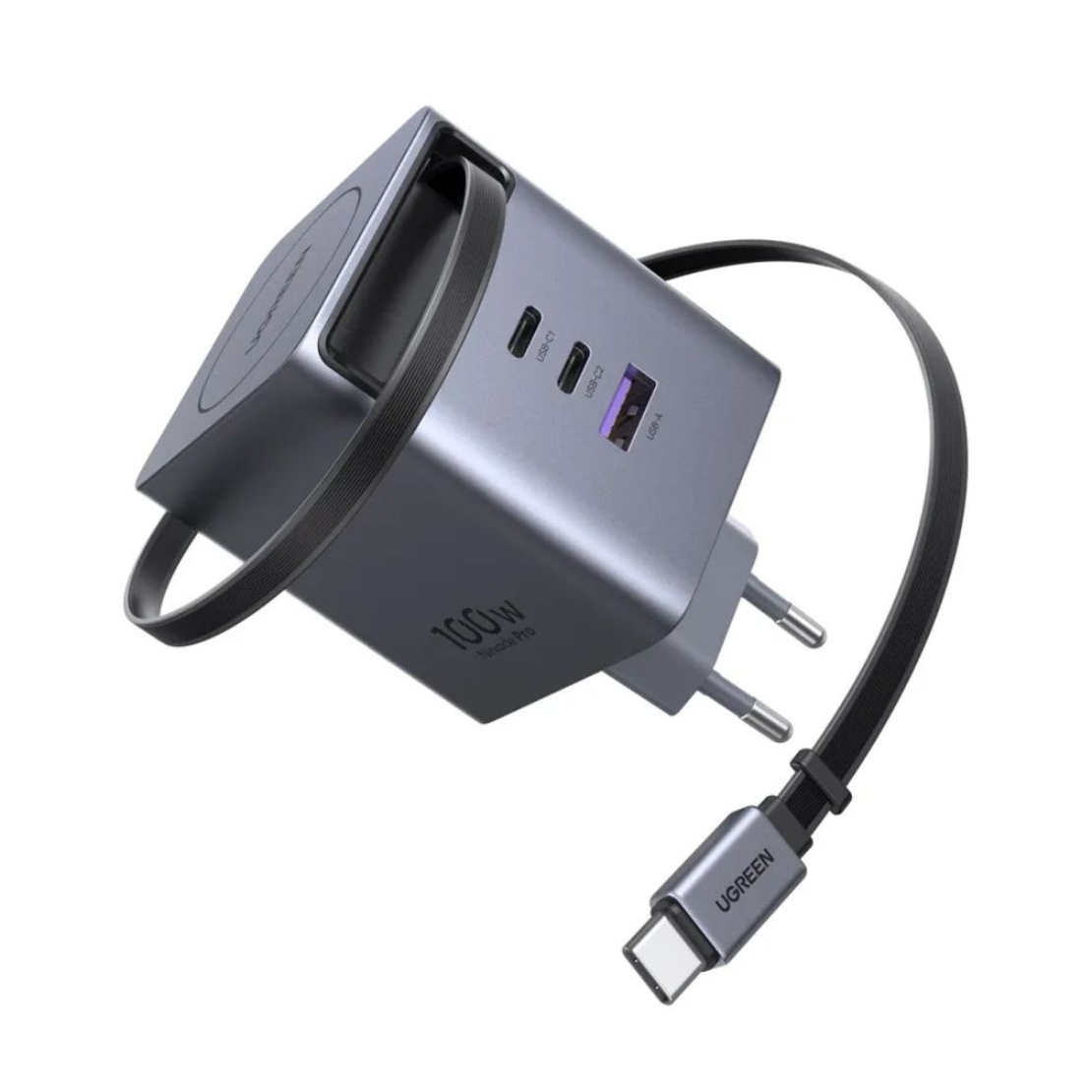 מטען קיר מהיר UGREEN 100W GaN עם כבל נשלף ו-3 יציאות