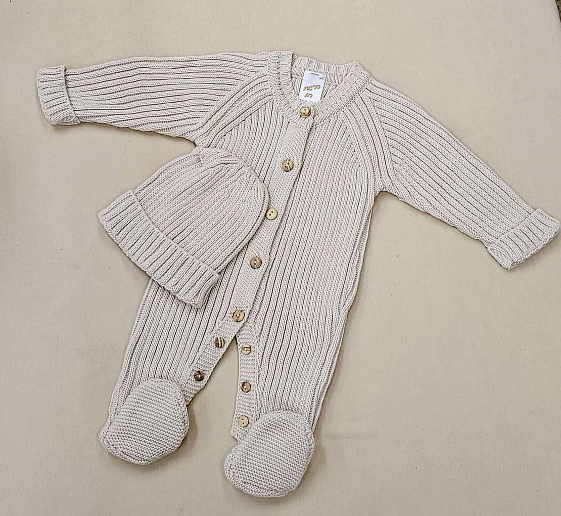 סט אוברול סרוג+כובע 0-3 - בז