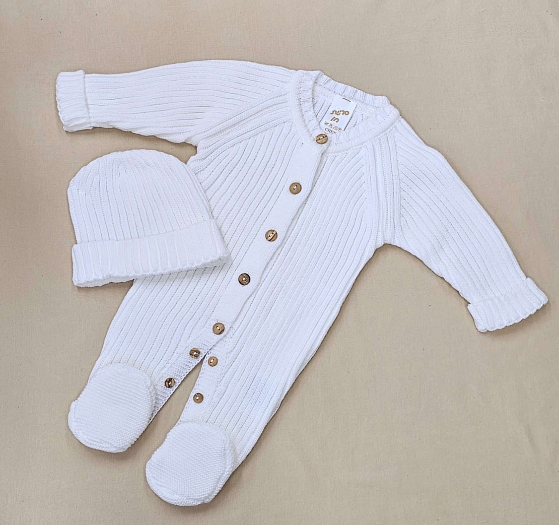 סט אוברול סרוג+כובע 0-3 - לבן