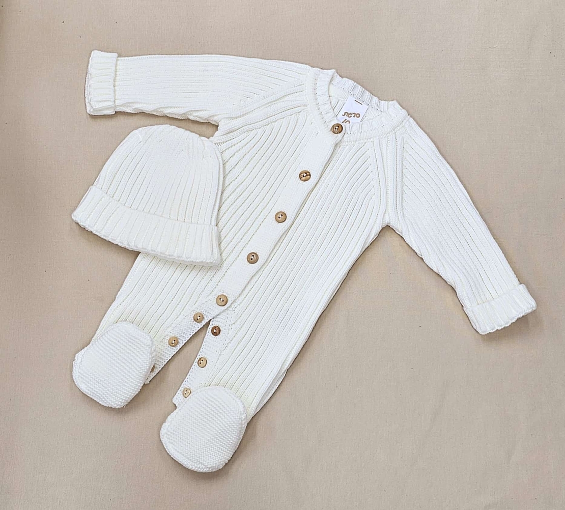 סט אוברול סרוג+כובע 0-3 - שמנת