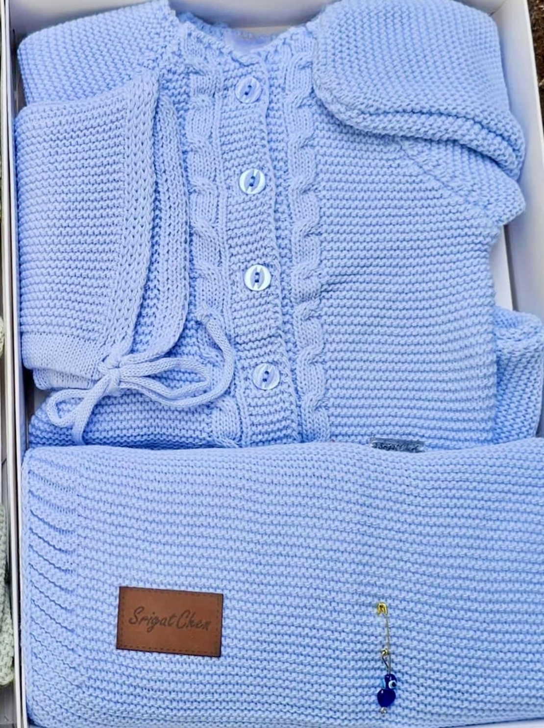 מארז סט סרוג  + שמיכה NB - תכלת