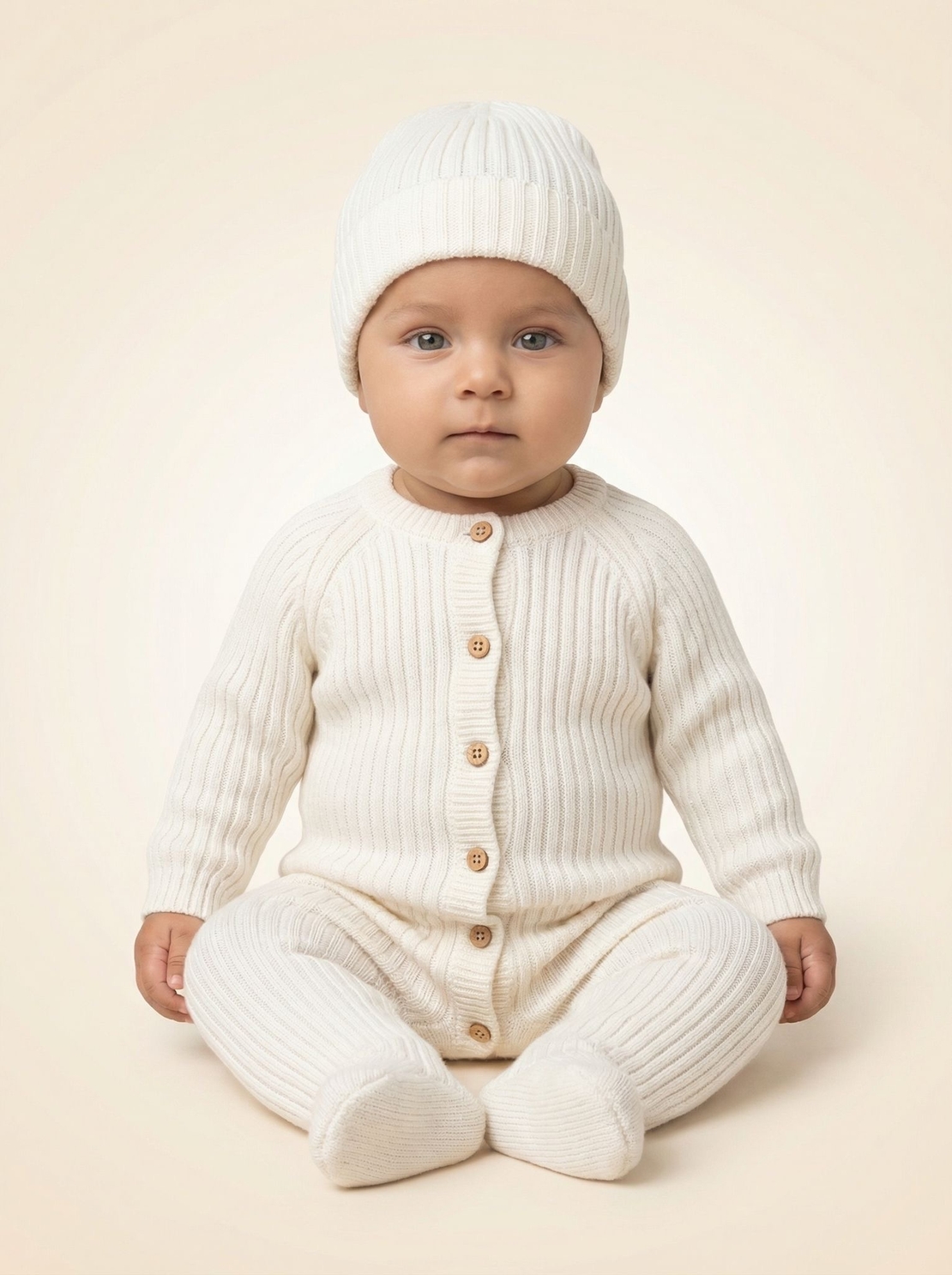 סט אוברול סרוג+כובע 0-3 - שמנת