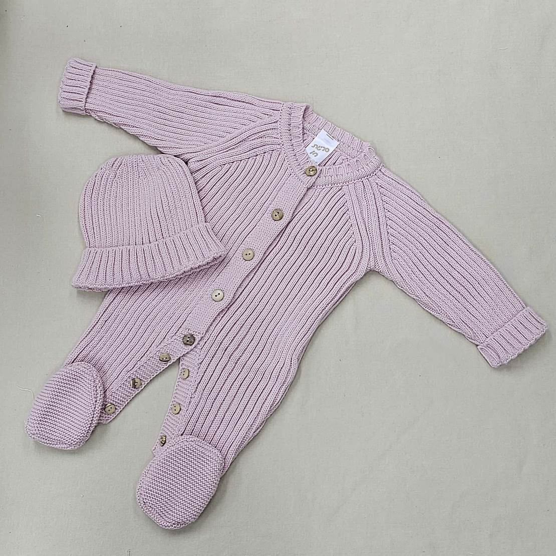 סט אוברול סרוג+כובע 0-3 - ורוד