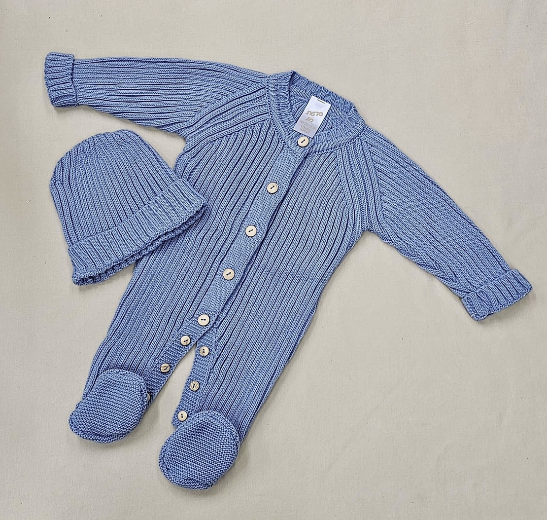 סט אוברול סרוג+כובע 0-3 - כחול