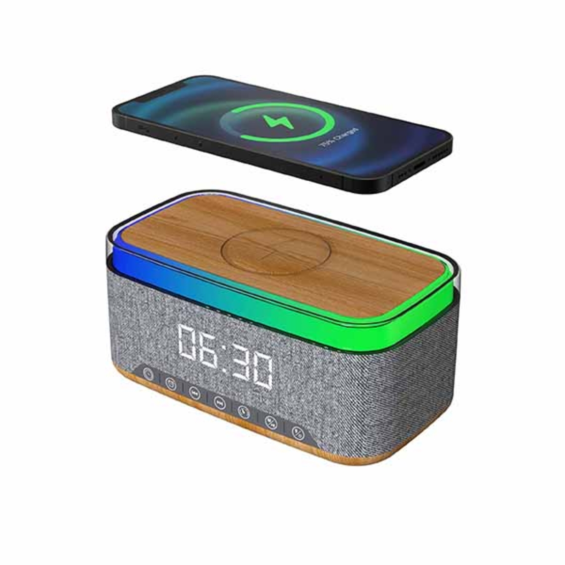 טען אלחוטי מהיר 15W משולב עם רדיו/רמקול Bluetooth 10W ושעון דיגיטלי