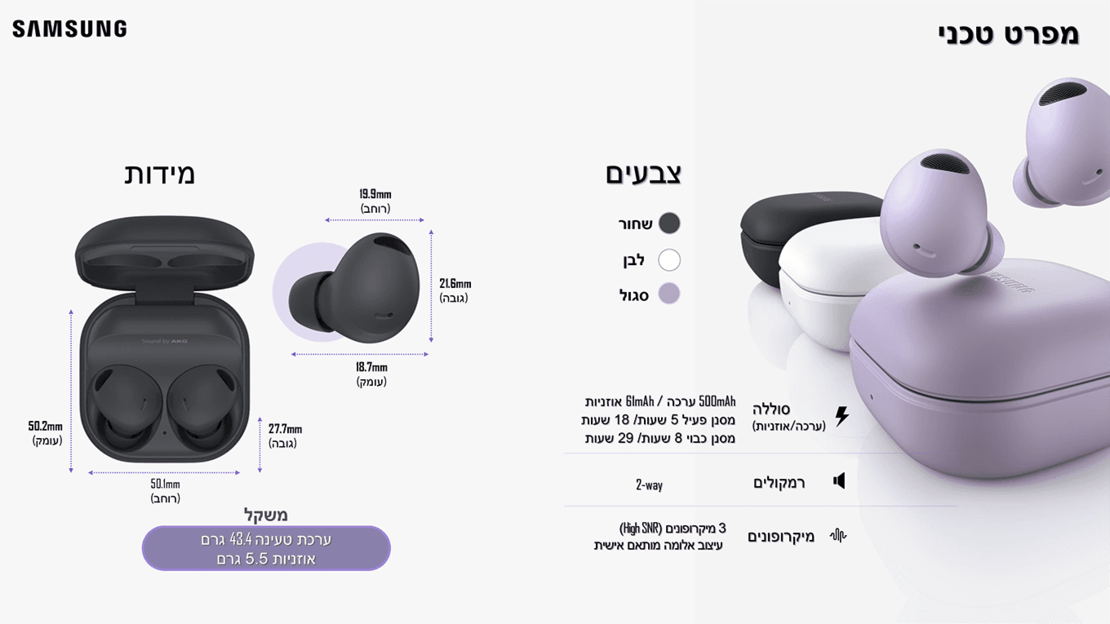 אוזניות אלחוטיות צבע גרפיטי Samsung Galaxy Buds2 Pro SM-R510