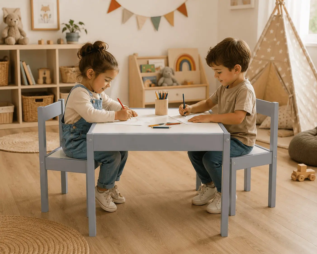 סט שולחן ושני כיסאות מעץ לילדים מבית Infanti – אפור