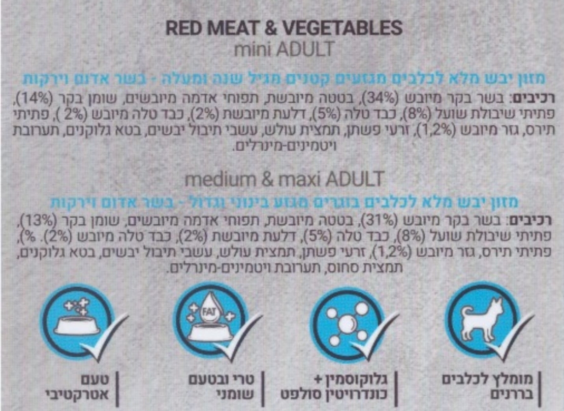 קודו לכלב בוגר מיני בשר אדום וירקות 12 ק