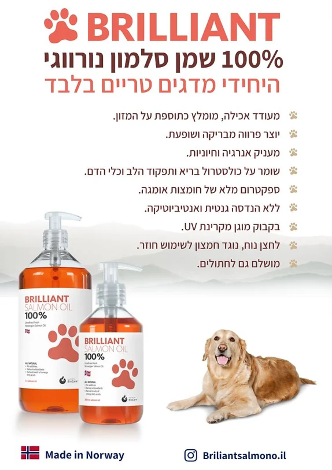 שמן סלמון נורווגי בריליאנט גדול 1 ליטר Brilliant 100%