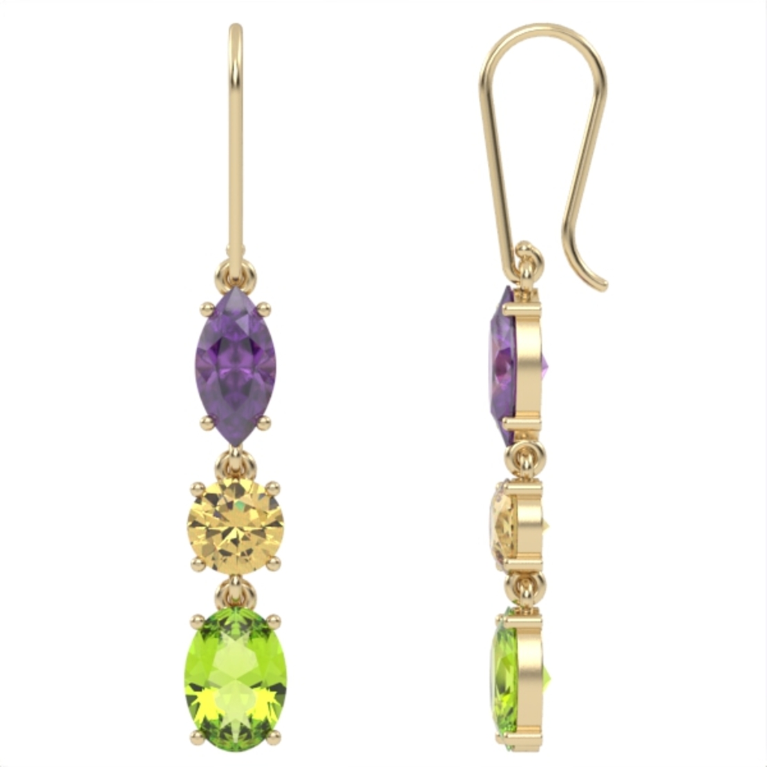 Earrings made of 14k gold set with citrine stones, Amitist Peridot. Model EAG1