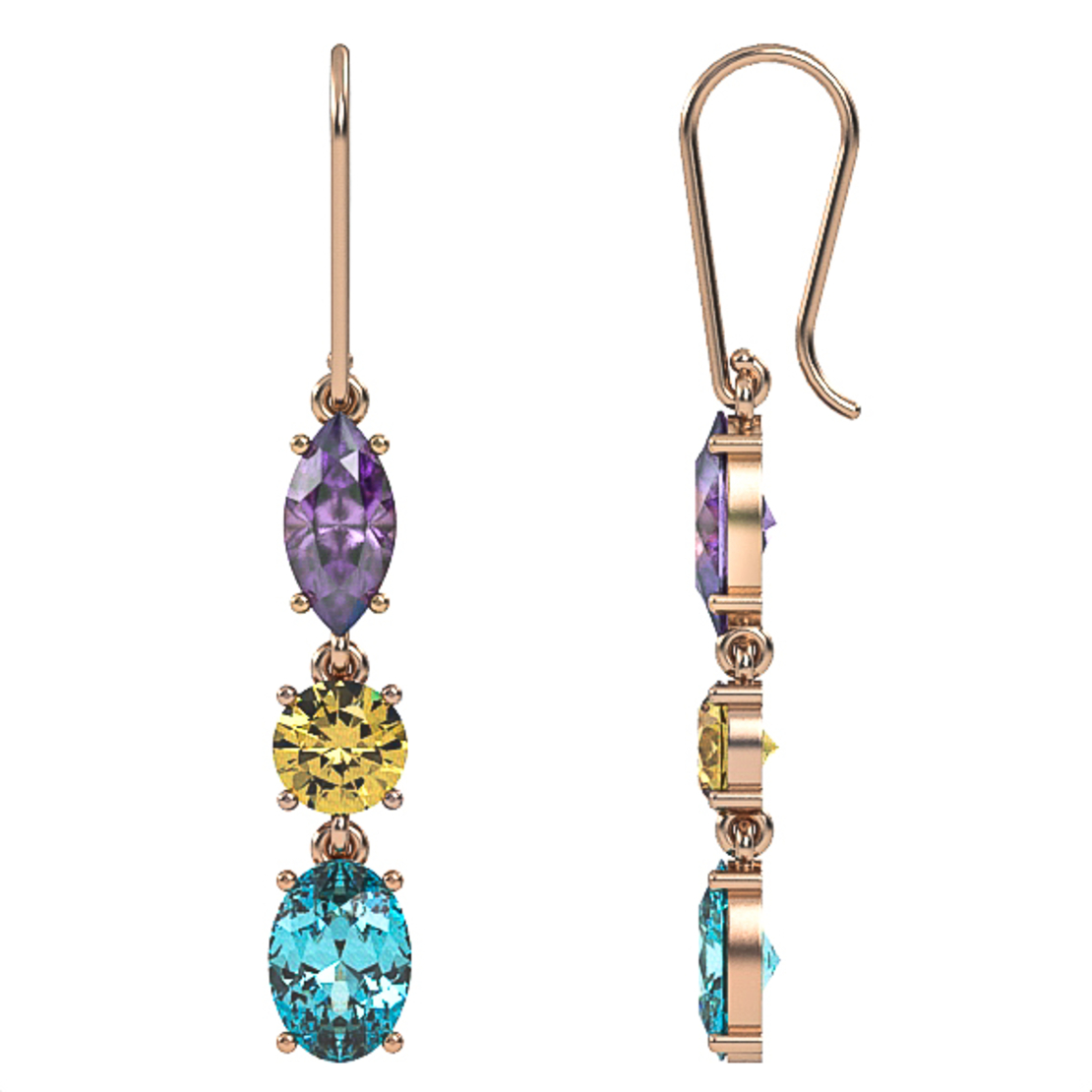 Earrings made of 14k gold set with Citrine, Amethist and Blue Topaz Suisse model EAG30