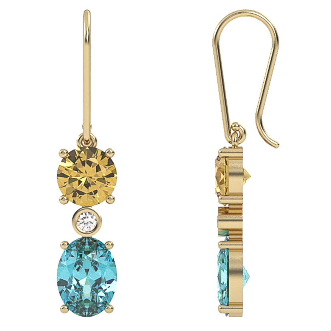 Earrings made of 14k gold set with Blue Topaz Suisse, Citrine and Diamonds Model EAG31