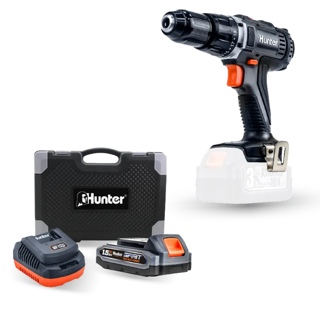 מברגה רוטטת/קודחת בבטון 18V + סוללה 1.5 + מטען HUNTER
