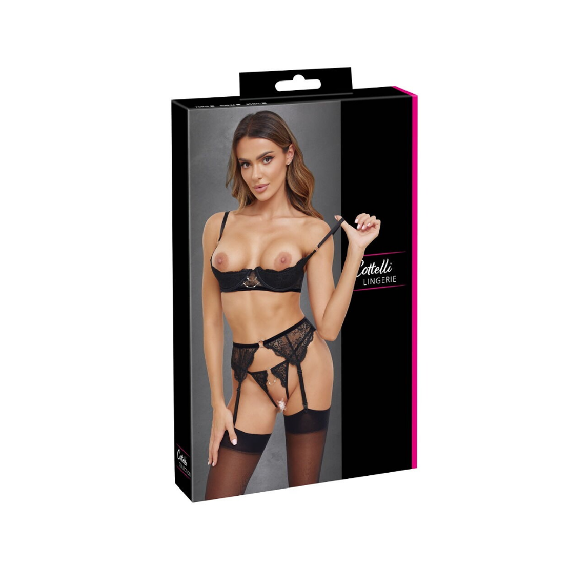 סט  חזייה מדף, חגורת ביריות ותחתון ללא מפשעה-Cottelli LINGERIE