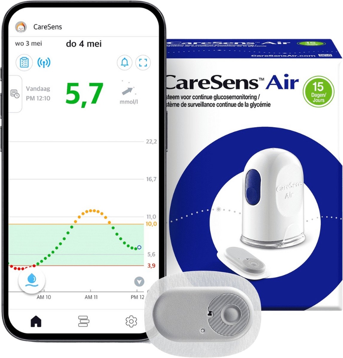 CareSens Air CGM - מערכת לניטור רציף של רמות סוכר בדם - לשימוש של 15 יום. דק, קל, מדויק וקל לשימוש, הכל במכשיר אחד.