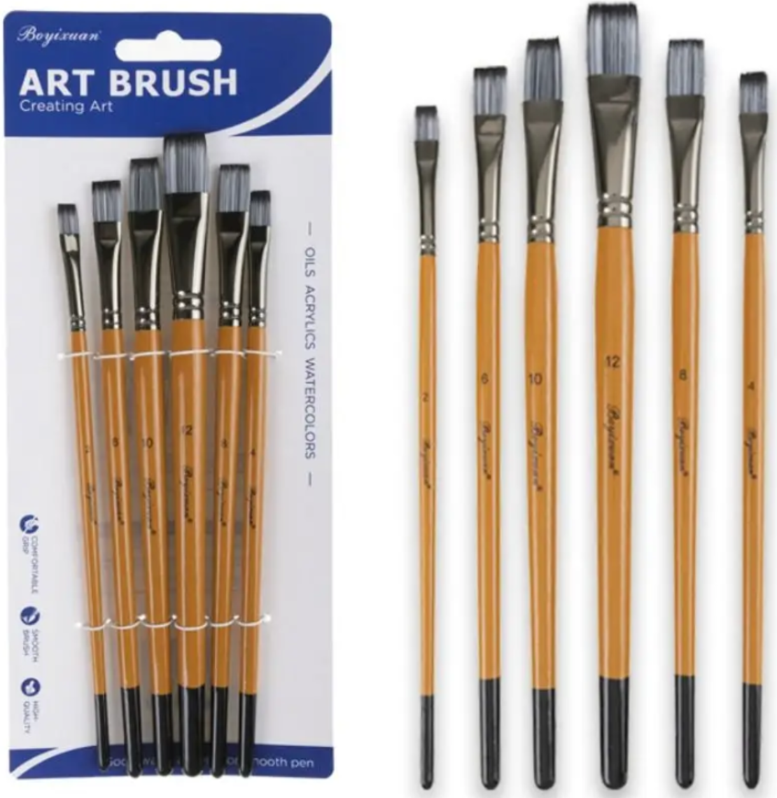 סט 6 מכחולים שטוחים מקצועי ידית עץ מסדרת ART BRUSH