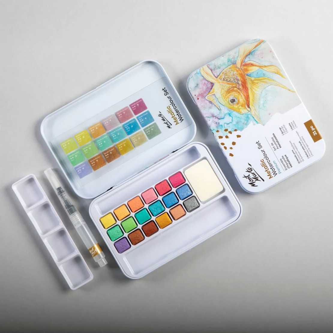 סט צבעי מים מטאליים מארז 21 חלקים Mont Marte Metallic Watercolour Premium
