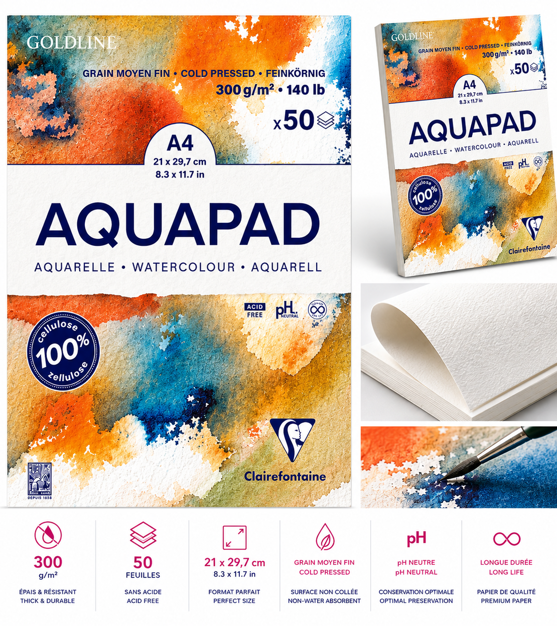 בלוק נייר אקוורל 300 גרם Goldline AQUAPAD - A4