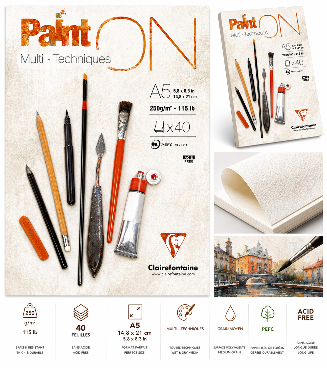 בלוק נייר רב-טכניקות 250 גרם Clairefontaine Paint ON A5
