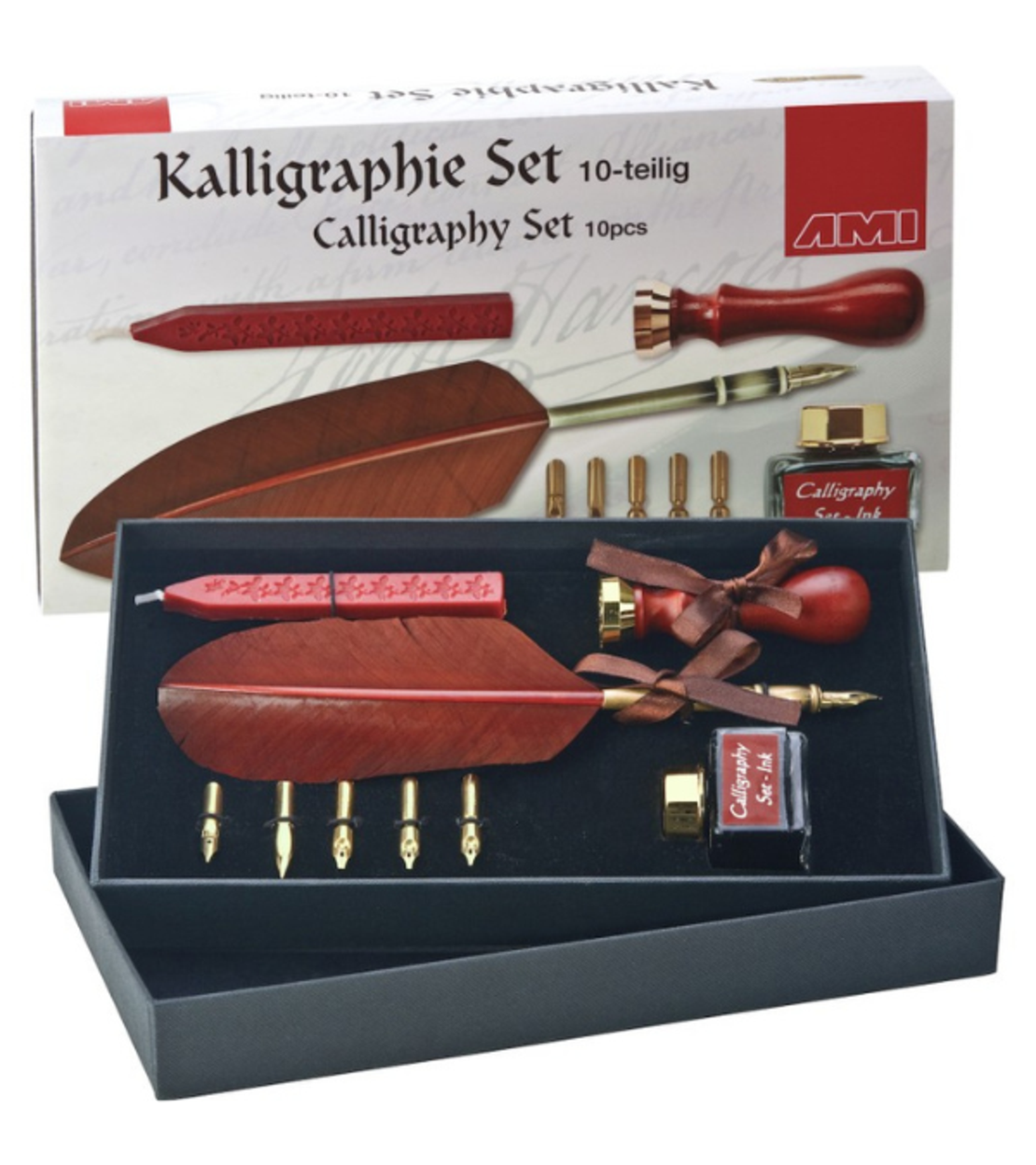 ערכת קליגרפיה עם עט נוצה ודיו – 10 חלקים בעיצוב קלאסי