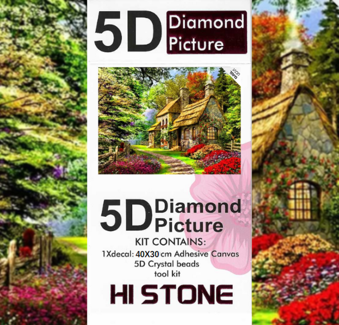 ערכת תמונת יהלומים 5D HI STONE - בית כפרי וגינה פורחת - 30x40 ס